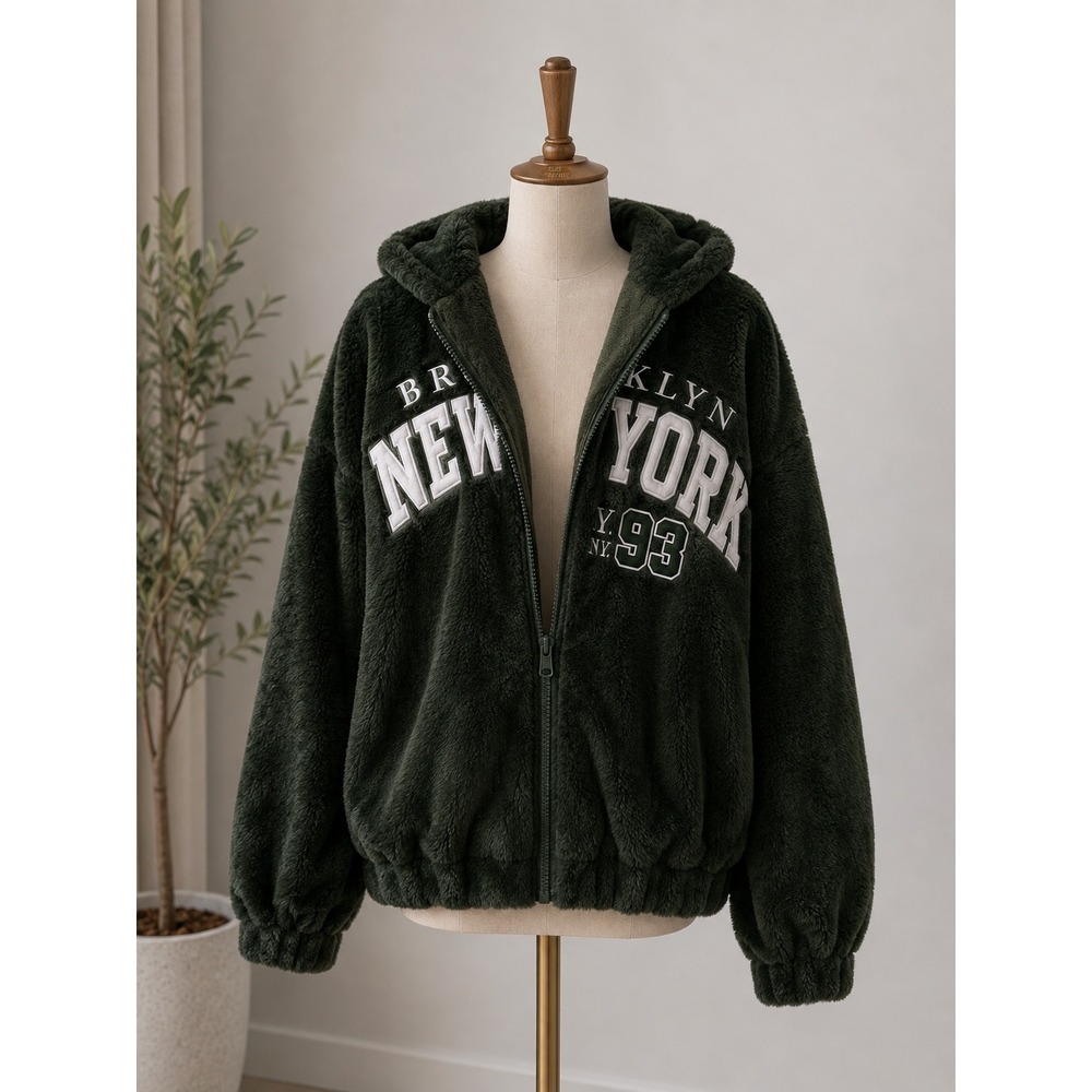 Cult Favorite Brooklyn New York 1993 Faux Fur Zip Up Hoodie Forest Green XL